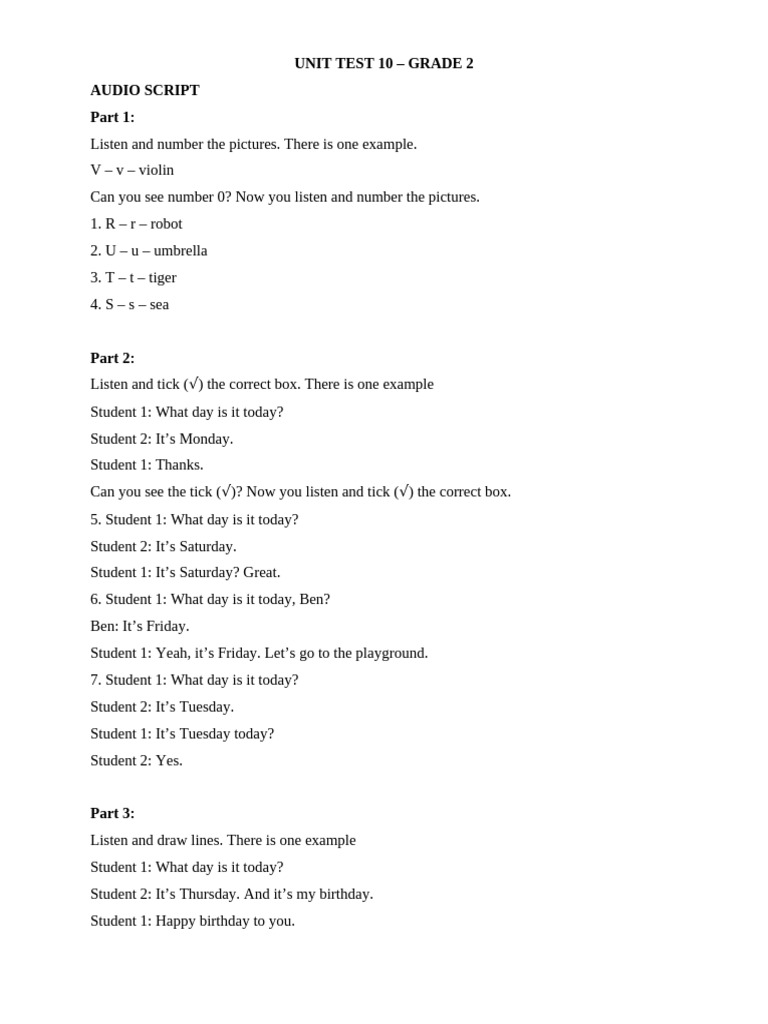Grade 2 Unit Test Audio Script | PDF