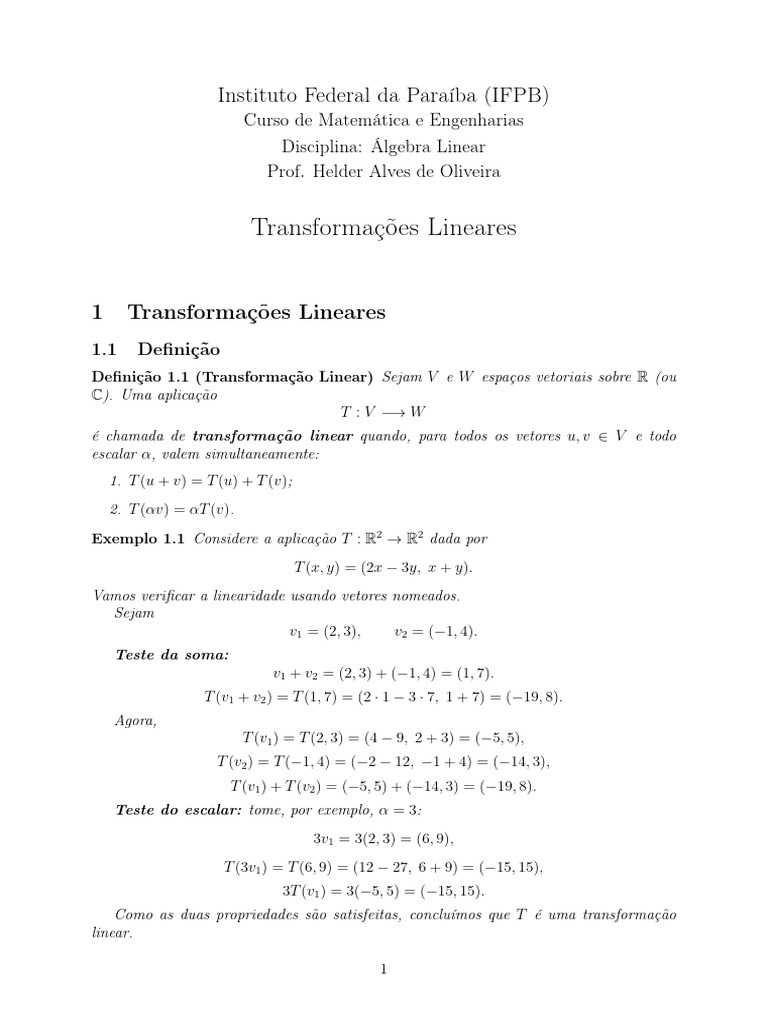 Transformações Lineares em Álgebra Linear | PDF | Mapa linear | Espaço ...