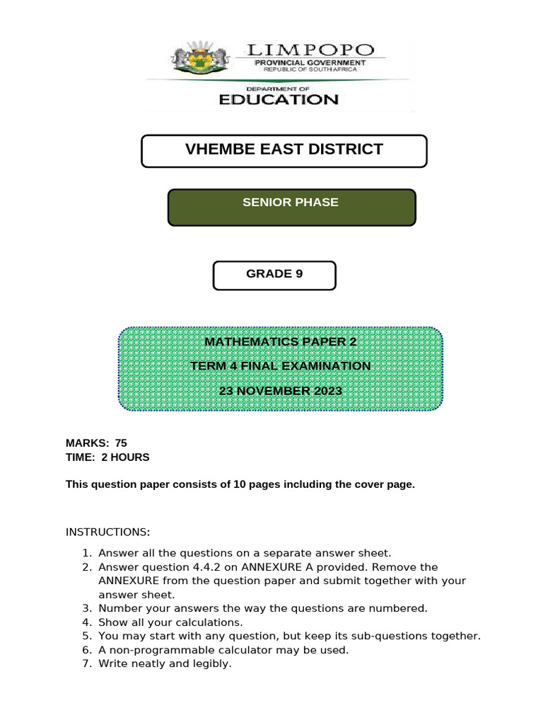 2023 Term 4 Gr 9 Maths P2 Exam_241025_054118 | PDF | Area | Angle