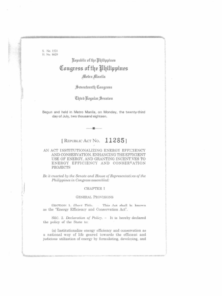 Energy Efficiency and Conservation Act (Republic Act No. 11285) | PDF