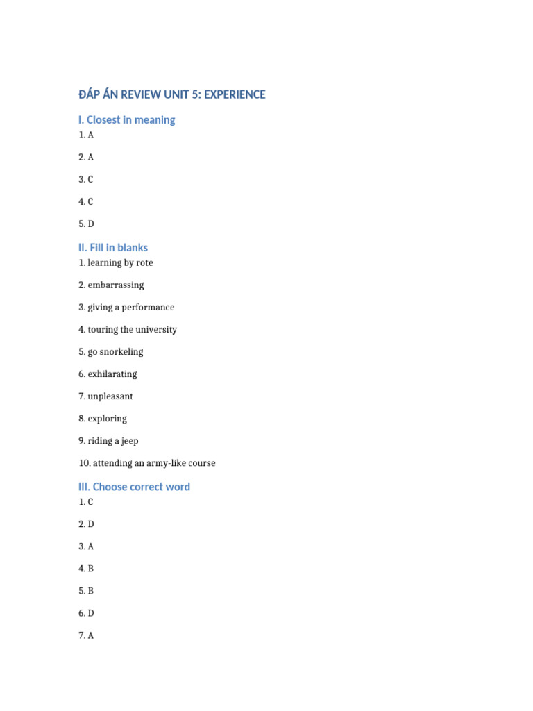 Dap an Review Unit 5 | PDF