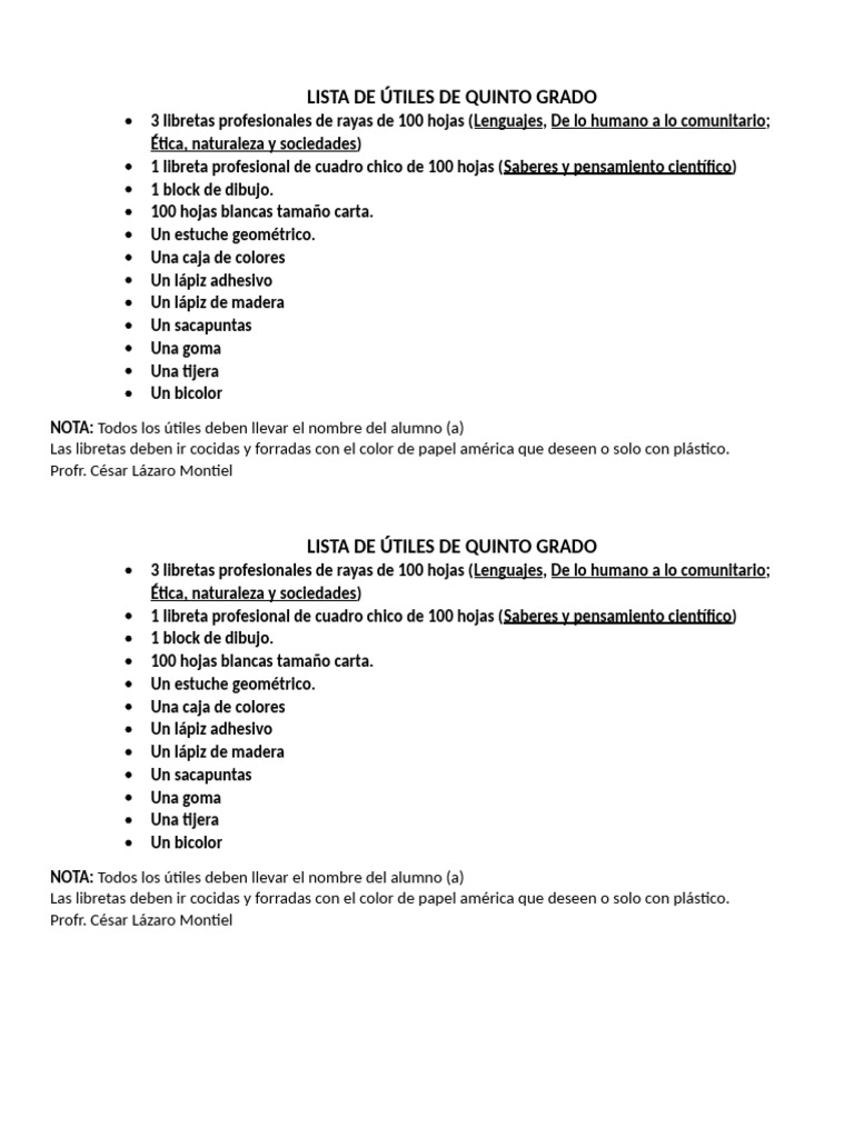 Lista de Útiles de Quinto Grado | PDF