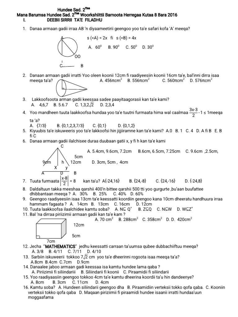Worksheet Barnoota Herregaa Kutaa 8ffaa | PDF