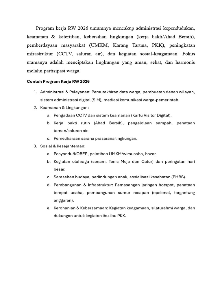 Program Kerja RW 2026: Keamanan dan Kesejahteraan | PDF