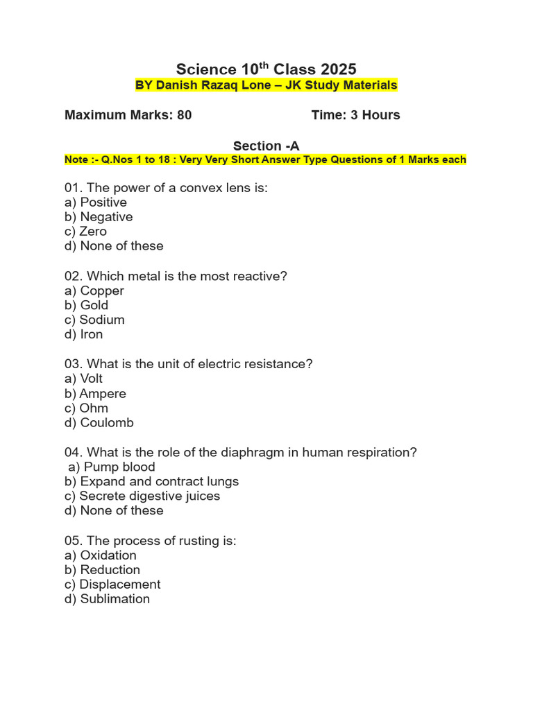 Science Class 10 Exam Guide 2025 | PDF | Redox | Physical Sciences