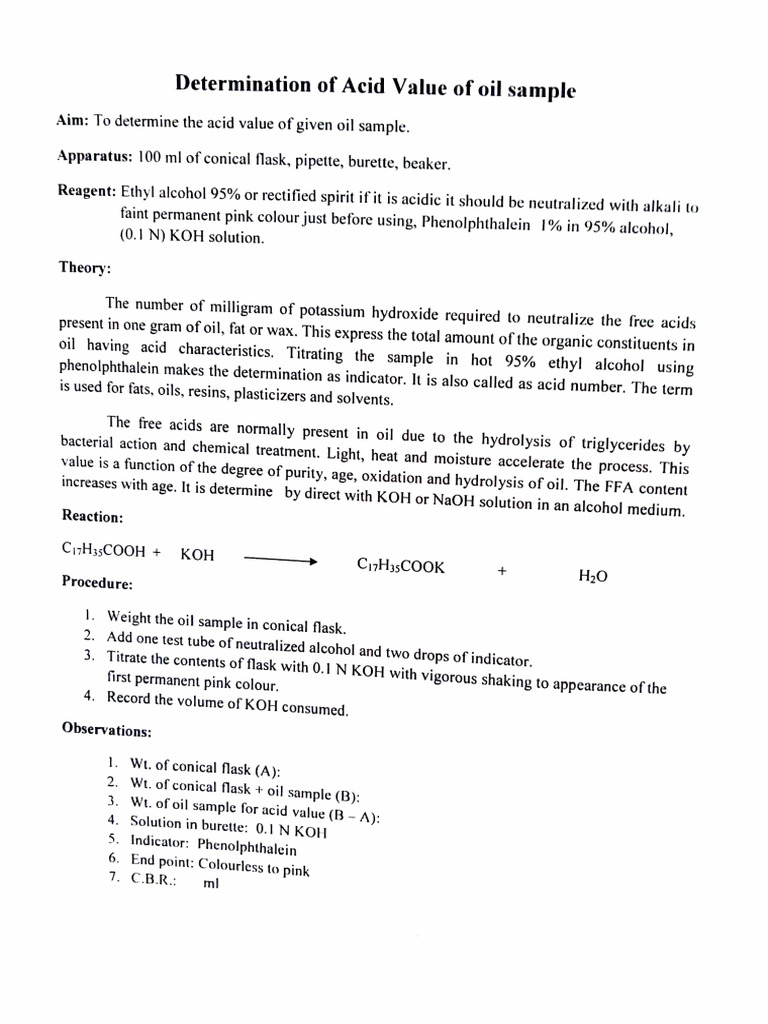 Acid Value Determination in Oils | PDF | Chemistry | Chemical Substances
