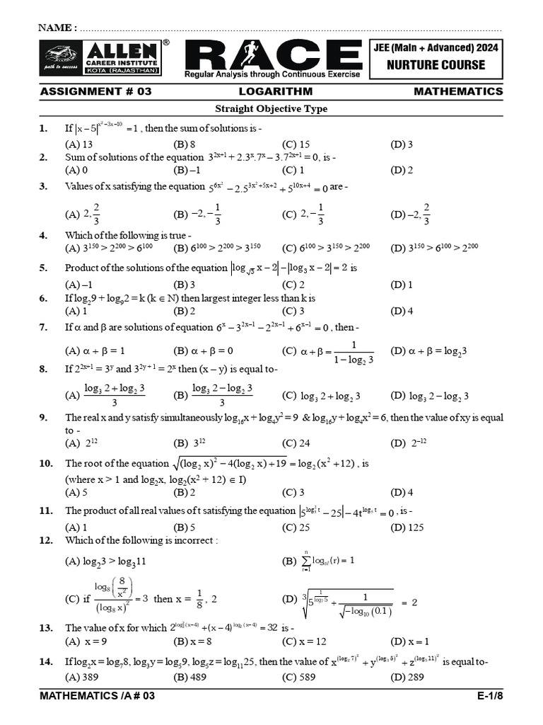JEE 2024 Mathematics Logarithm Assignment | PDF | Logarithm ...