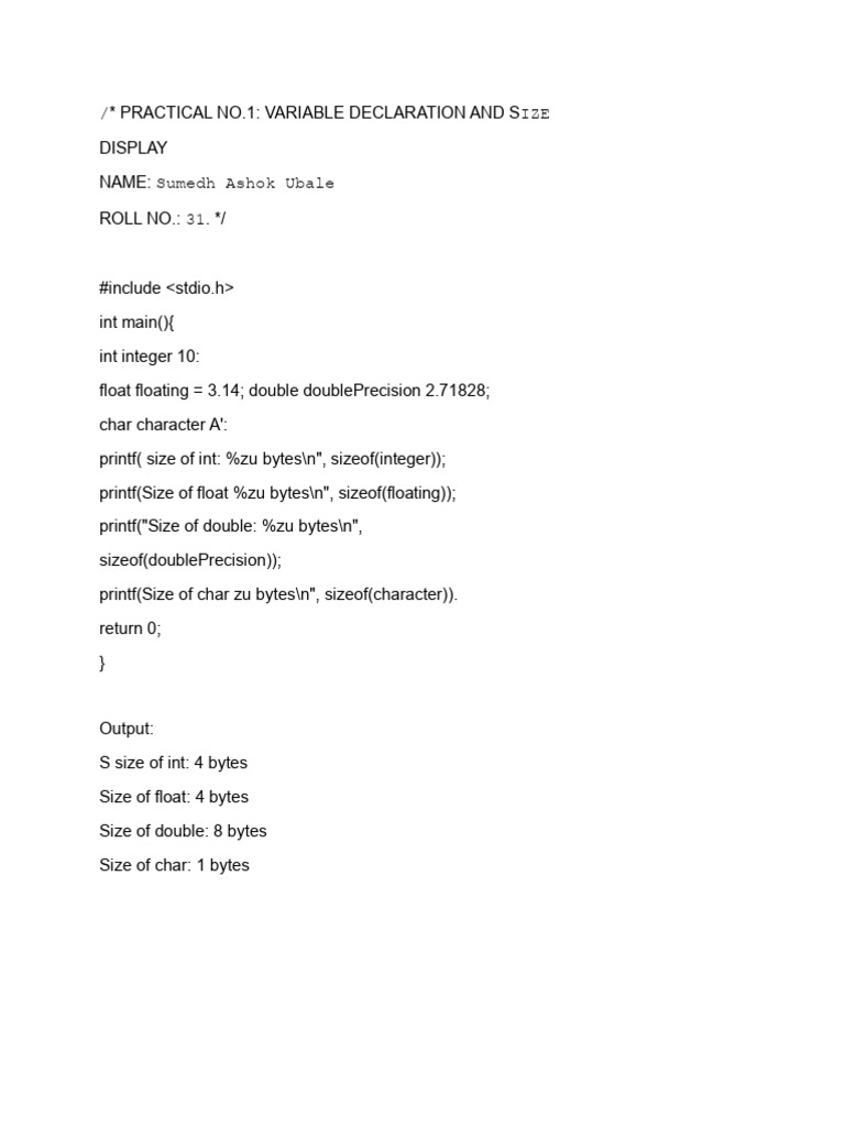 Variable Declaration and Size in C | PDF