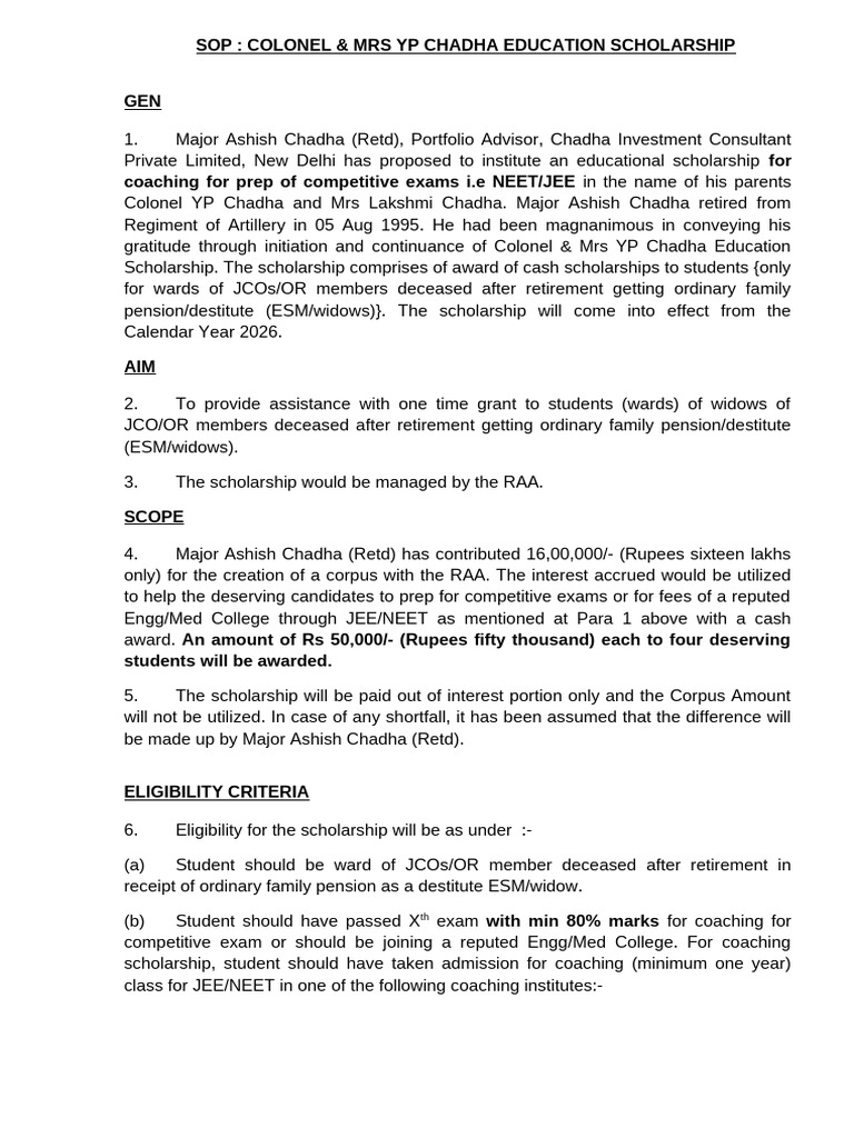 Colonel & Mrs YP Chadha Scholarship Guide | PDF