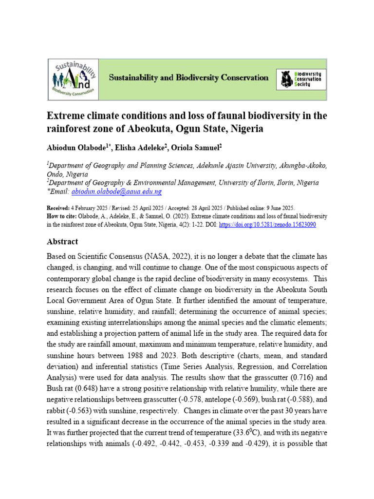 Extreme Climate Conditions and Loss of Faunal Biodiversity in The ...