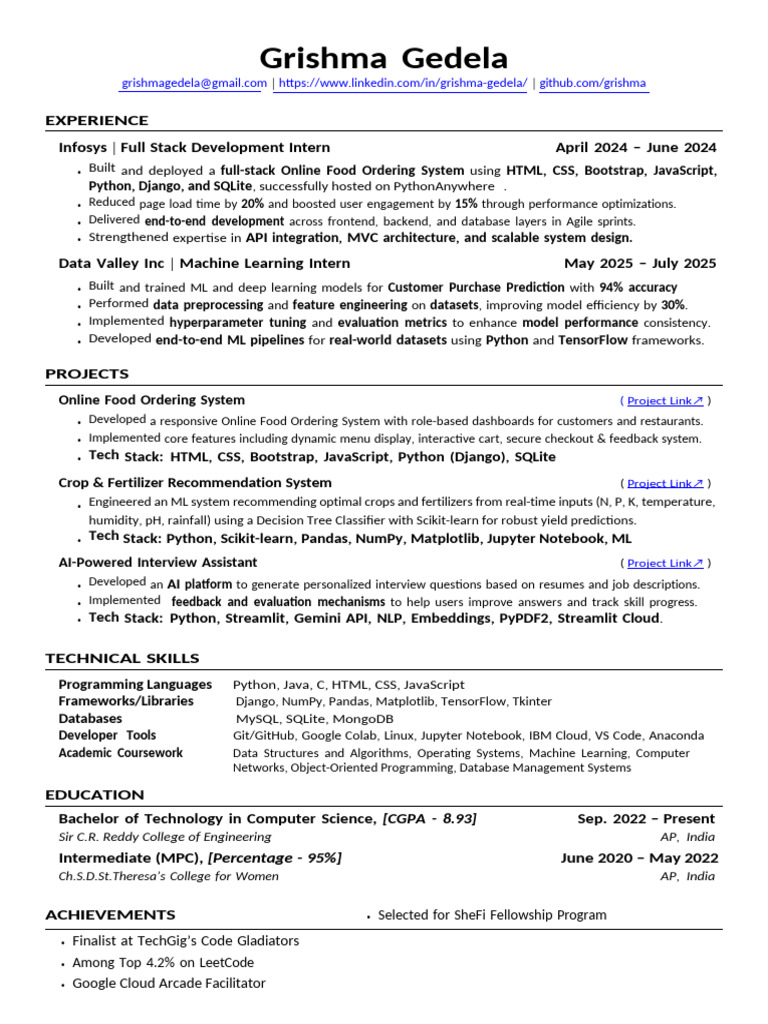 Grishma Gedela: Full Stack & ML Intern | PDF | Computing | Software ...