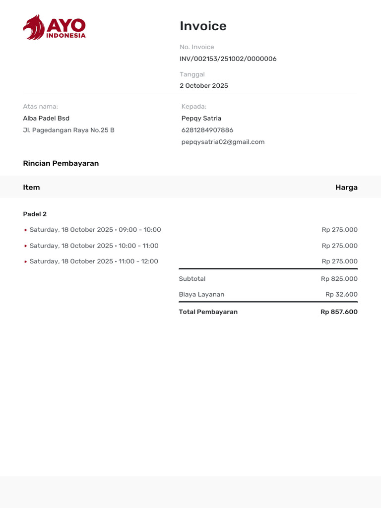 Invoice for Padel Booking - October 2025 | PDF