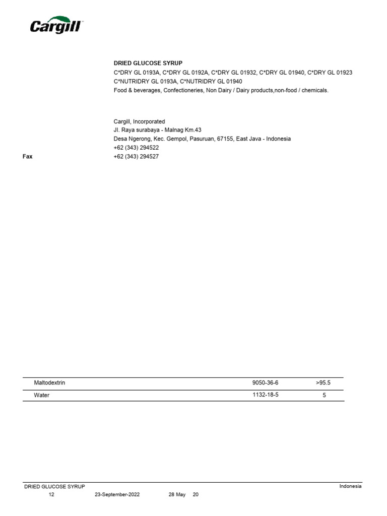 Dried Glucose Syrup Safety Data Sheet | PDF | Personal Protective ...