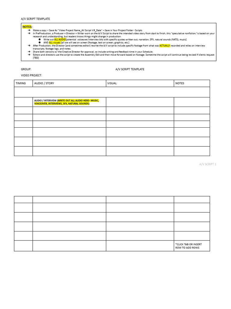 A/V Script Template for Video Projects | PDF