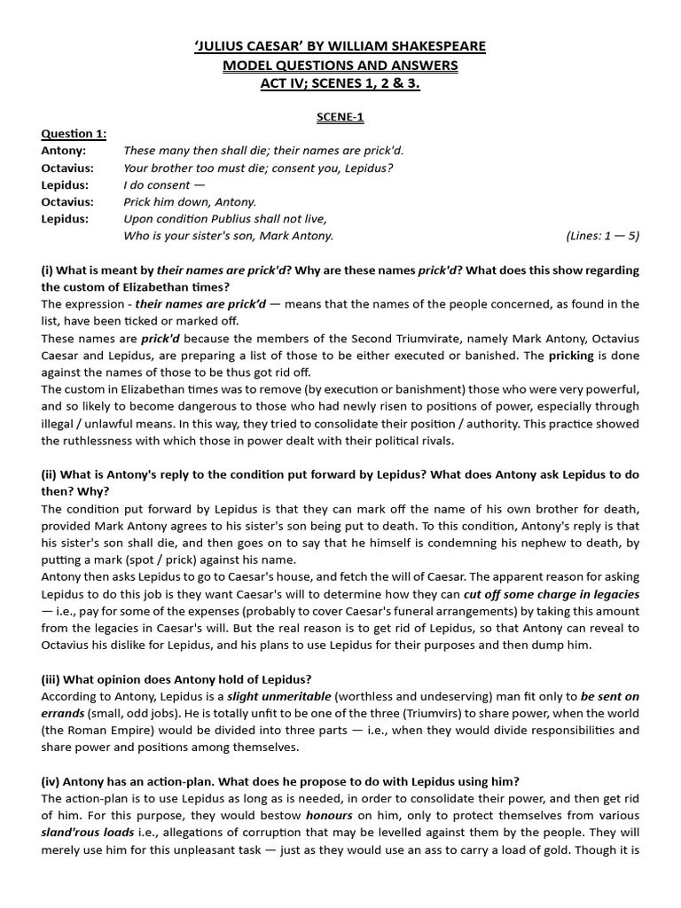 Julius Caesar Act IV Q&A Analysis | PDF | Mark Antony | Augustus