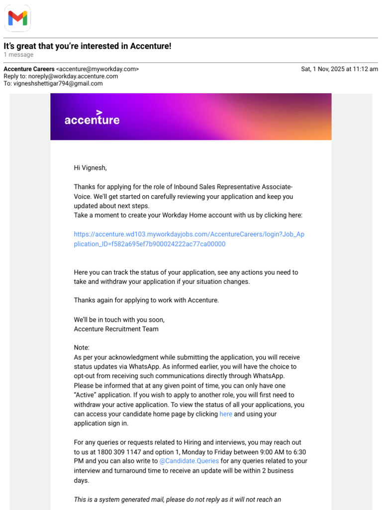 Accenture Application Confirmation Email | PDF | Accenture