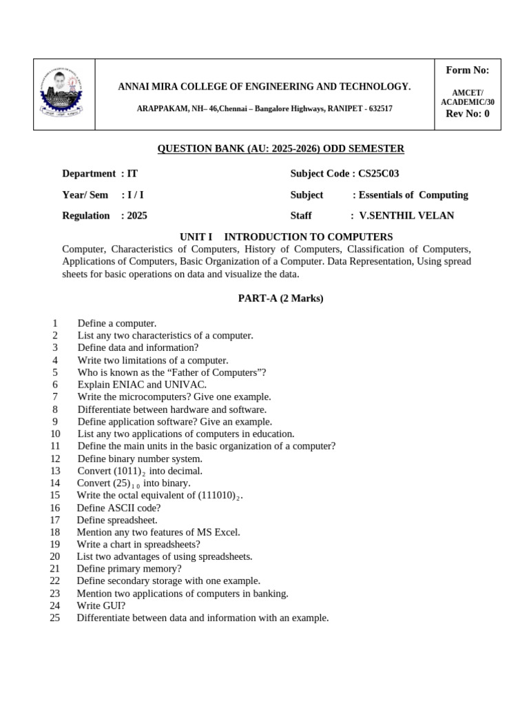 AMCET IT Essentials of Computing Question Bank | PDF | Algorithms ...