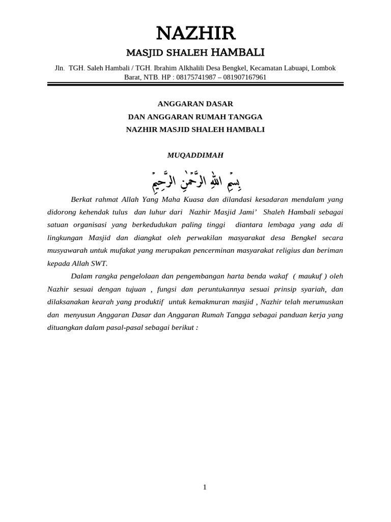 Anggaran Dasar Nazhir Masjid Shaleh Hambali | PDF