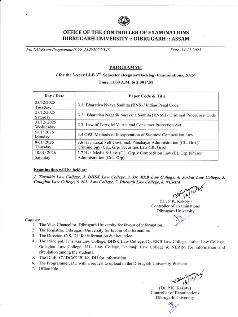 2025 Dibrugarh University LLB Exam Schedule | PDF | Chess Openings ...