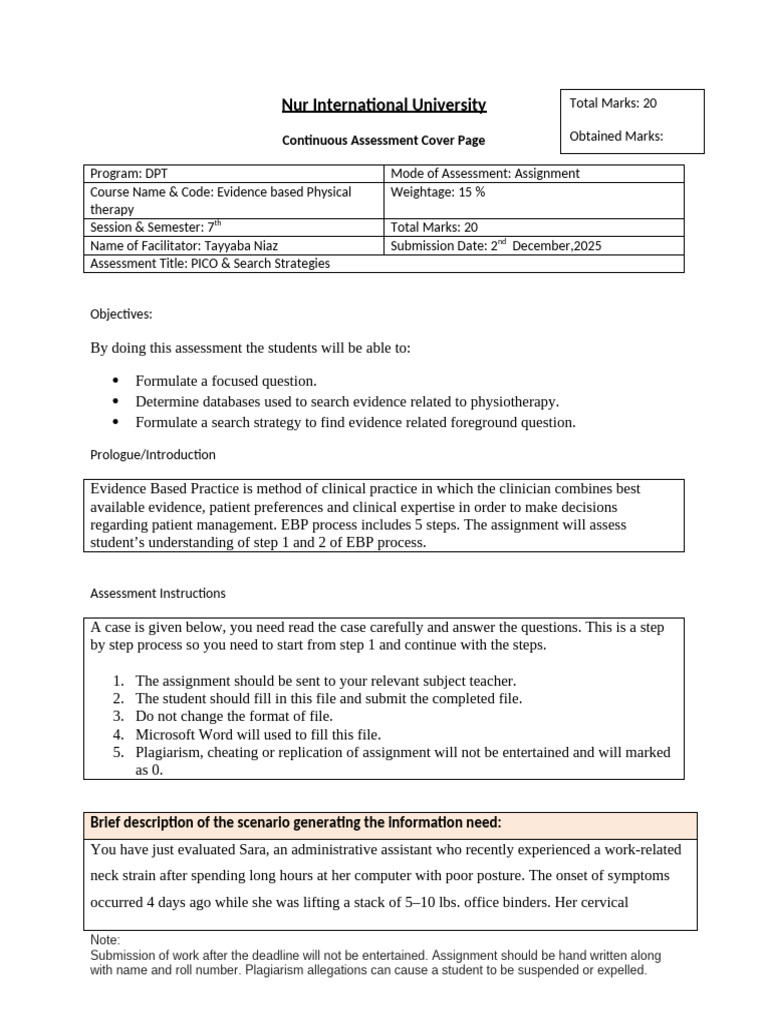 DPT Assignment: PICO & Search Strategies | PDF | Physical Therapy ...