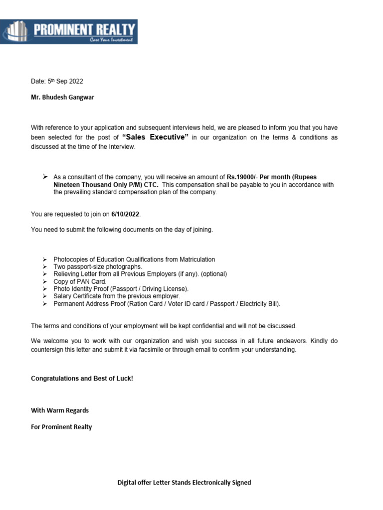 Digital Offer Letter for Sales Executive | PDF