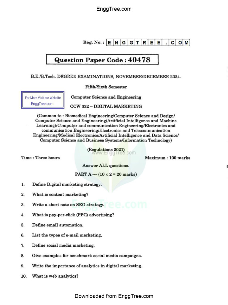 CCW332 Digital Marketing Nov Dec 2024 Question Paper Download | PDF