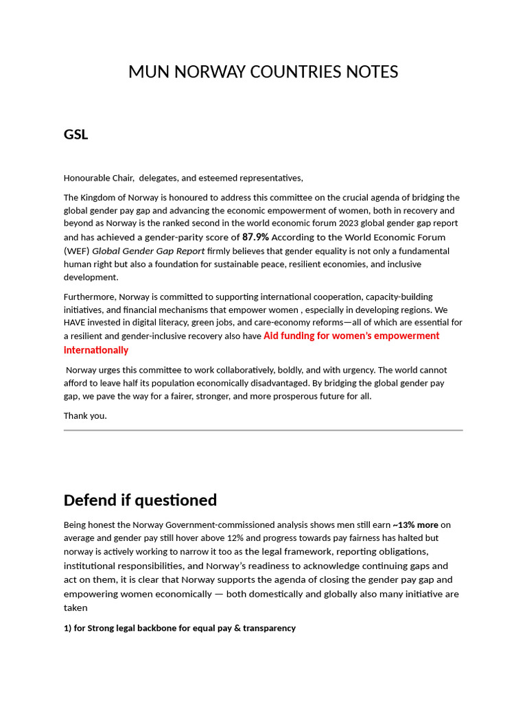Mun Norway Countries Notes | PDF | Gender Pay Gap | Gender Inequality