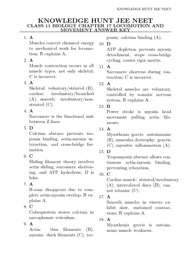 Class 11 Chapter 17 MCQs Answer Key | PDF | Bone | Skeletal Muscle