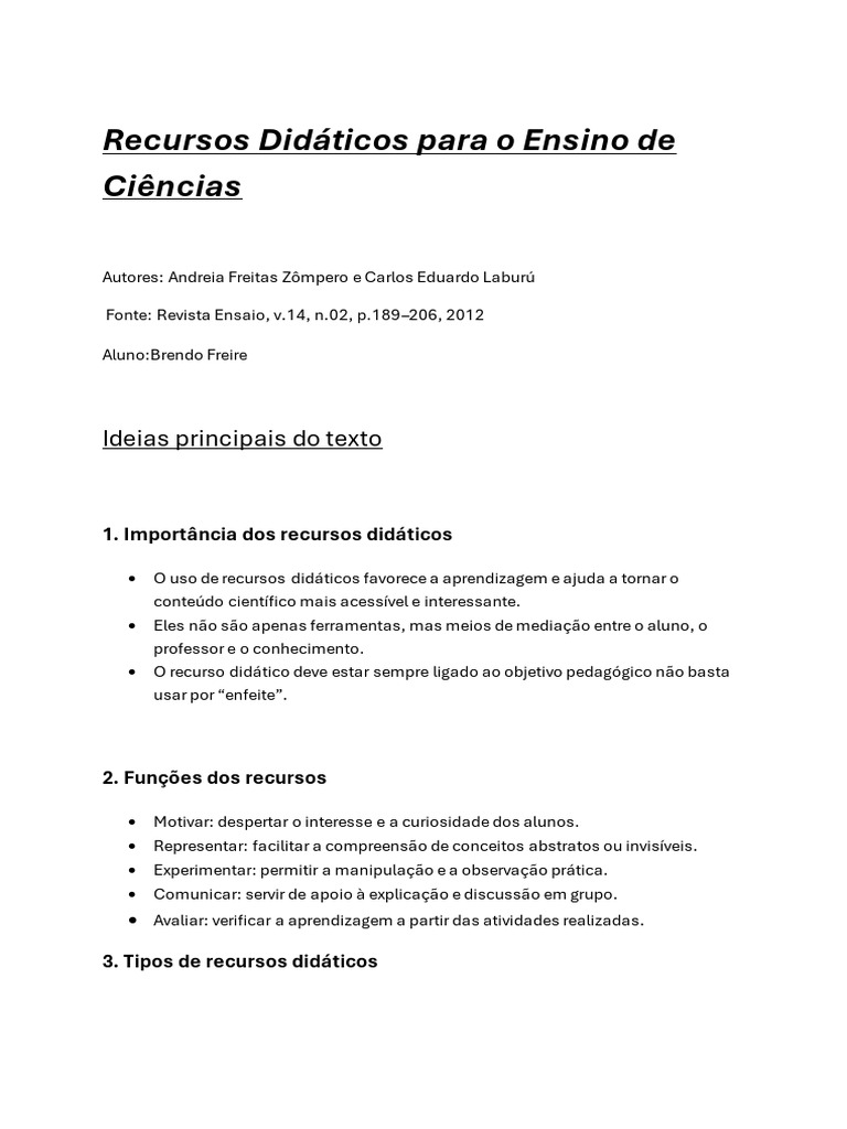 Recursos Didáticos no Ensino de Ciências | PDF | Science | Pedagogia
