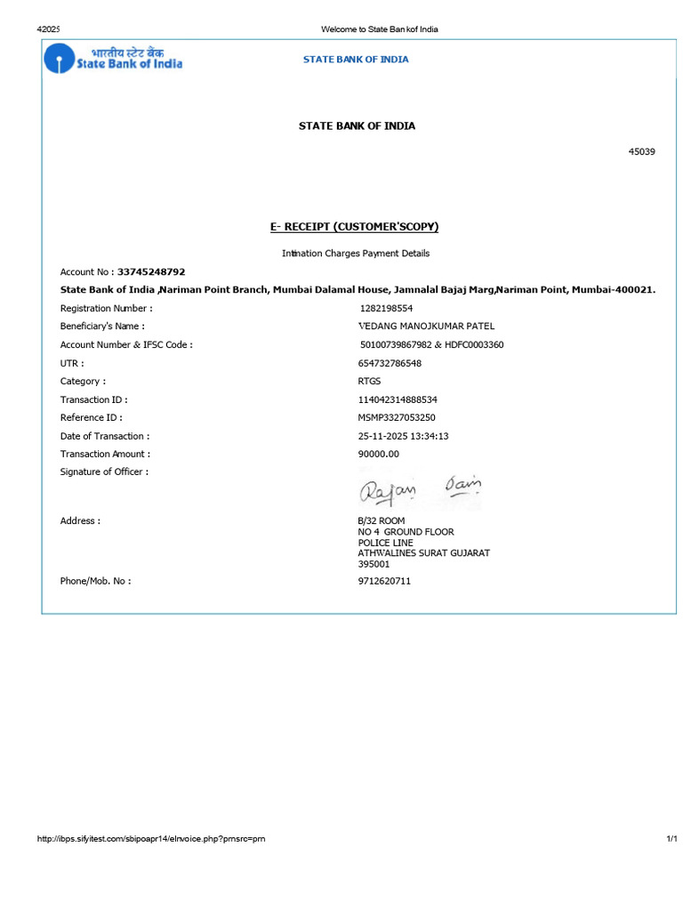 SBI RTGS Transaction E-Receipt | PDF