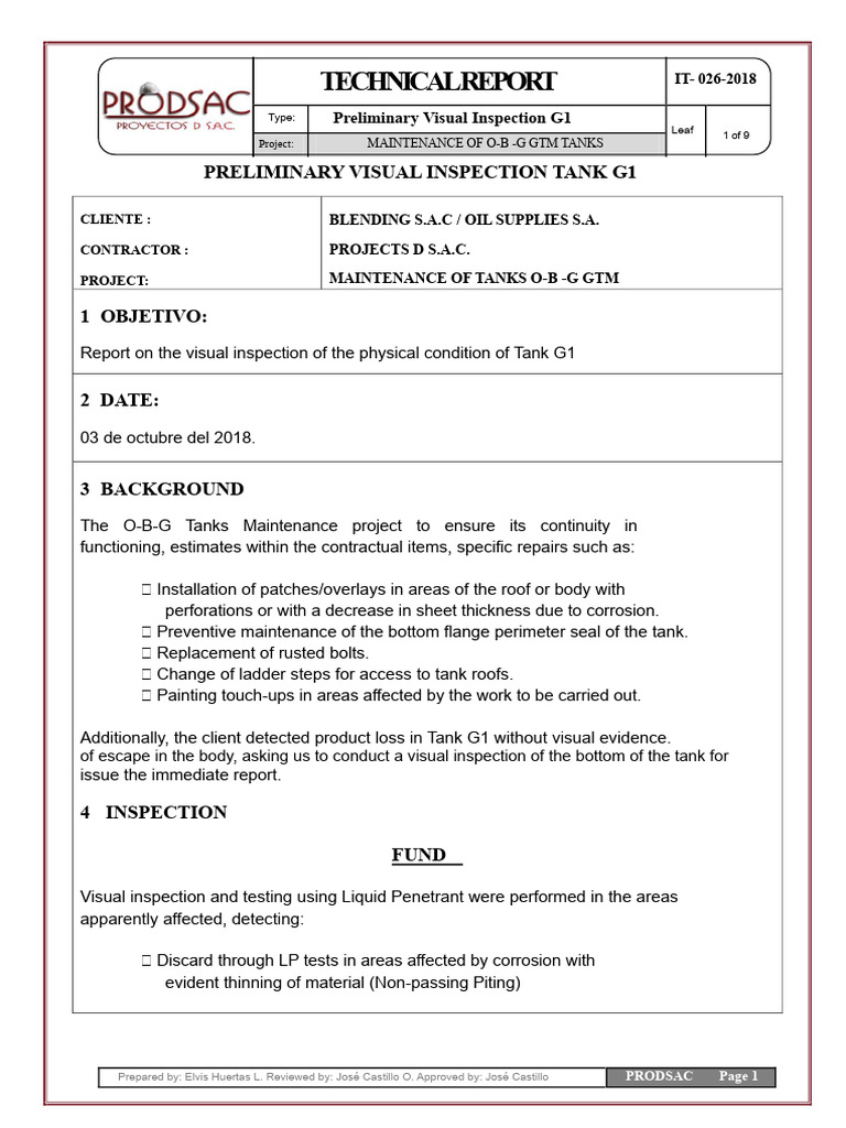 Preliminary Visual Inspection Report G1 | PDF | Corrosion | Industrial ...