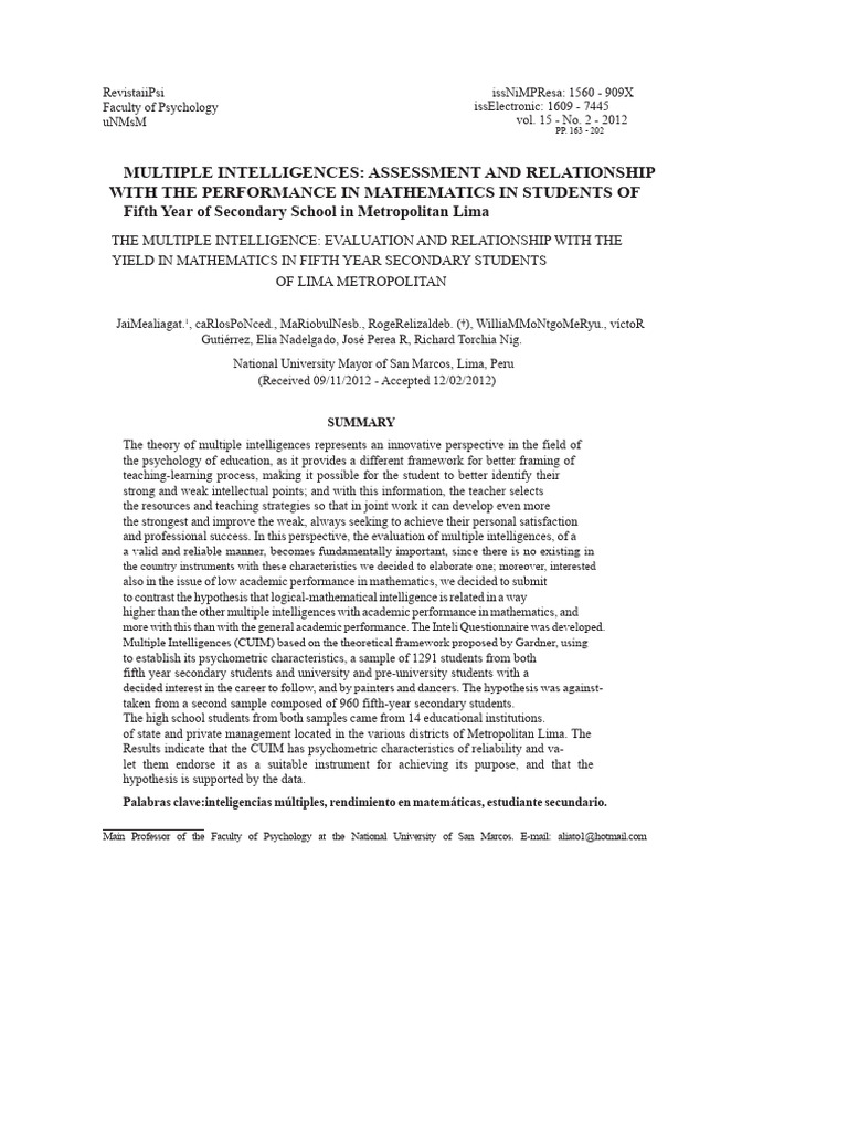 Multiple Intelligences and Math Performance | PDF | Intelligence ...