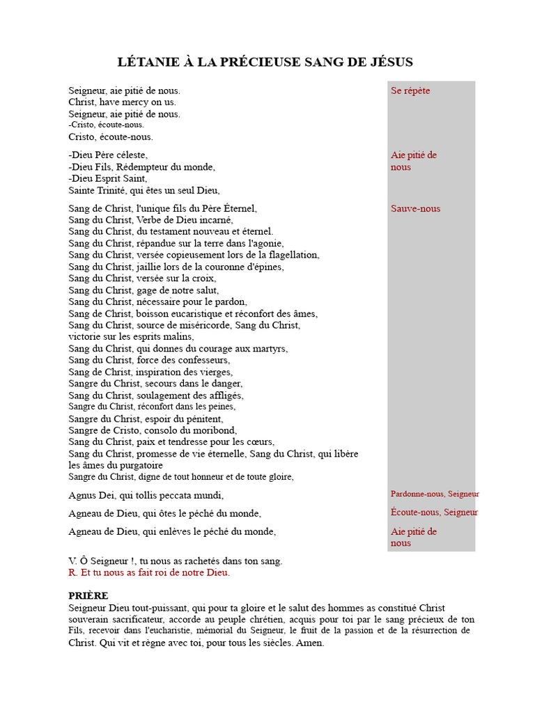 Litanie Du Sang Pr cieux De J sus PDF