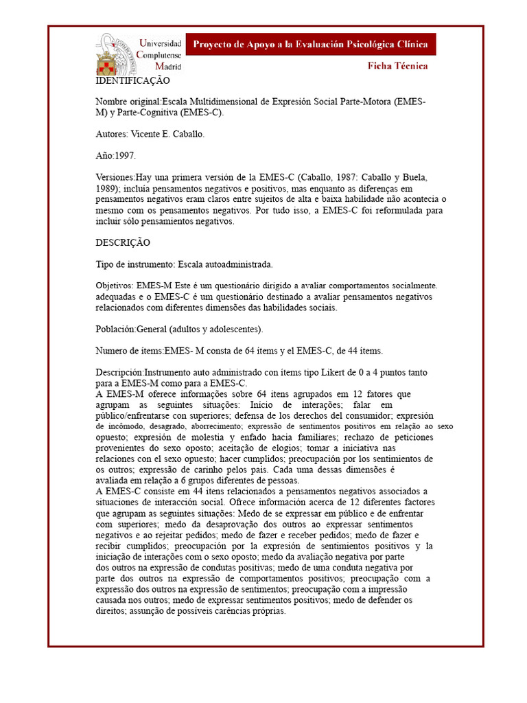 Escala EMES: Avaliação de Habilidades Sociais | PDF | Pensamento ...