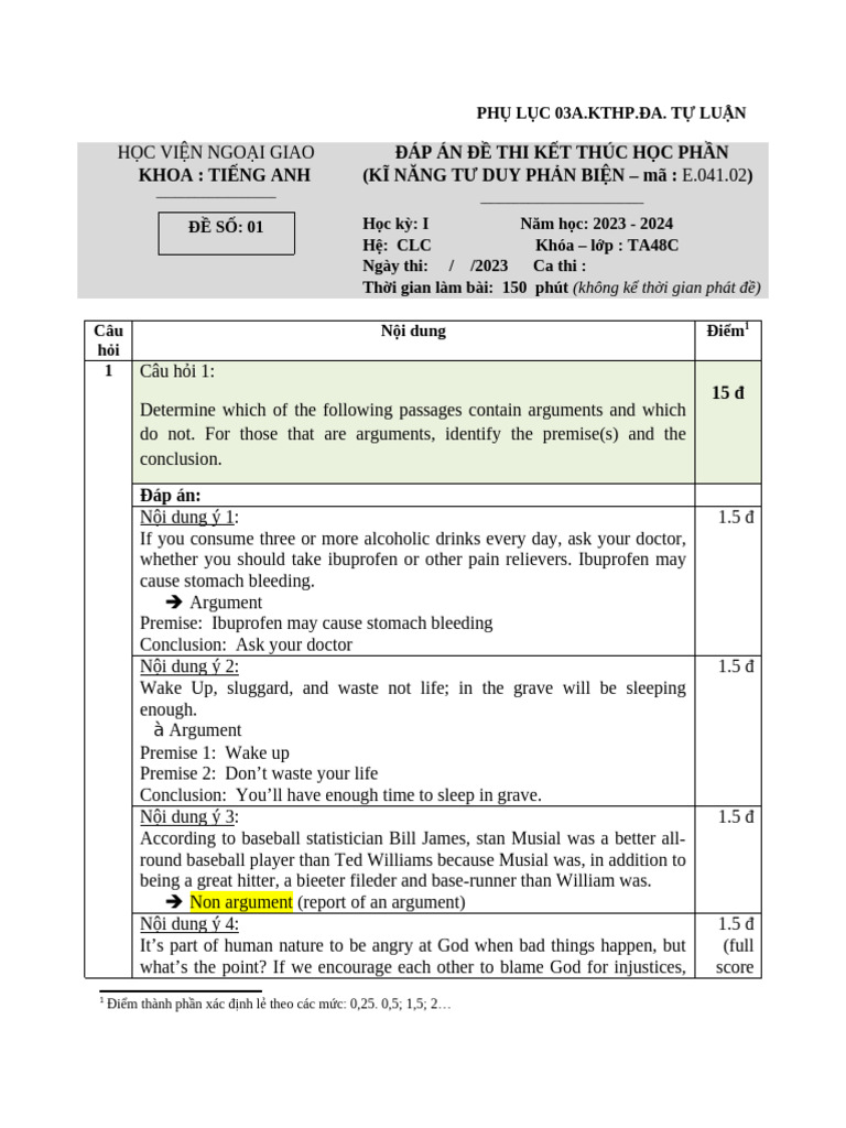 Dap An Theo Rubric - Critical Thinking Cho NNA48C | PDF | Argument ...