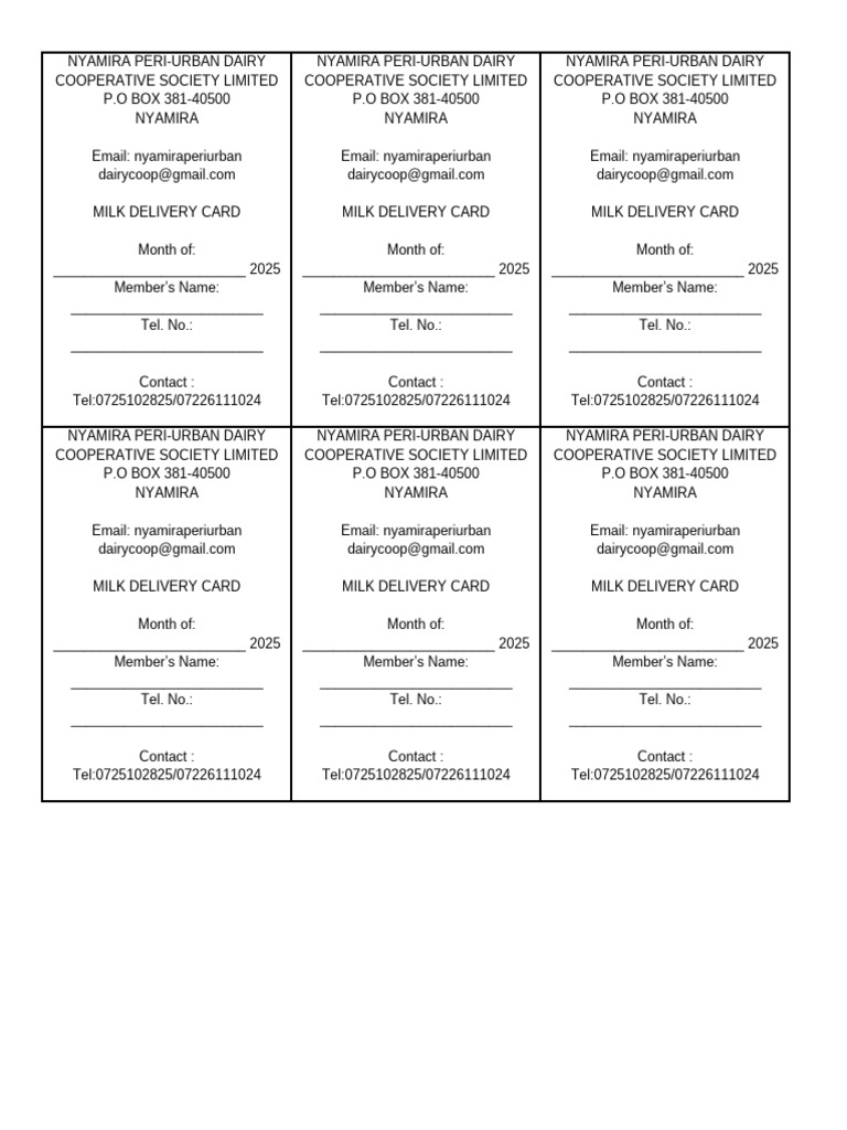 Nyamira Dairy Cooperative Milk Card | PDF | Dairy | Livestock