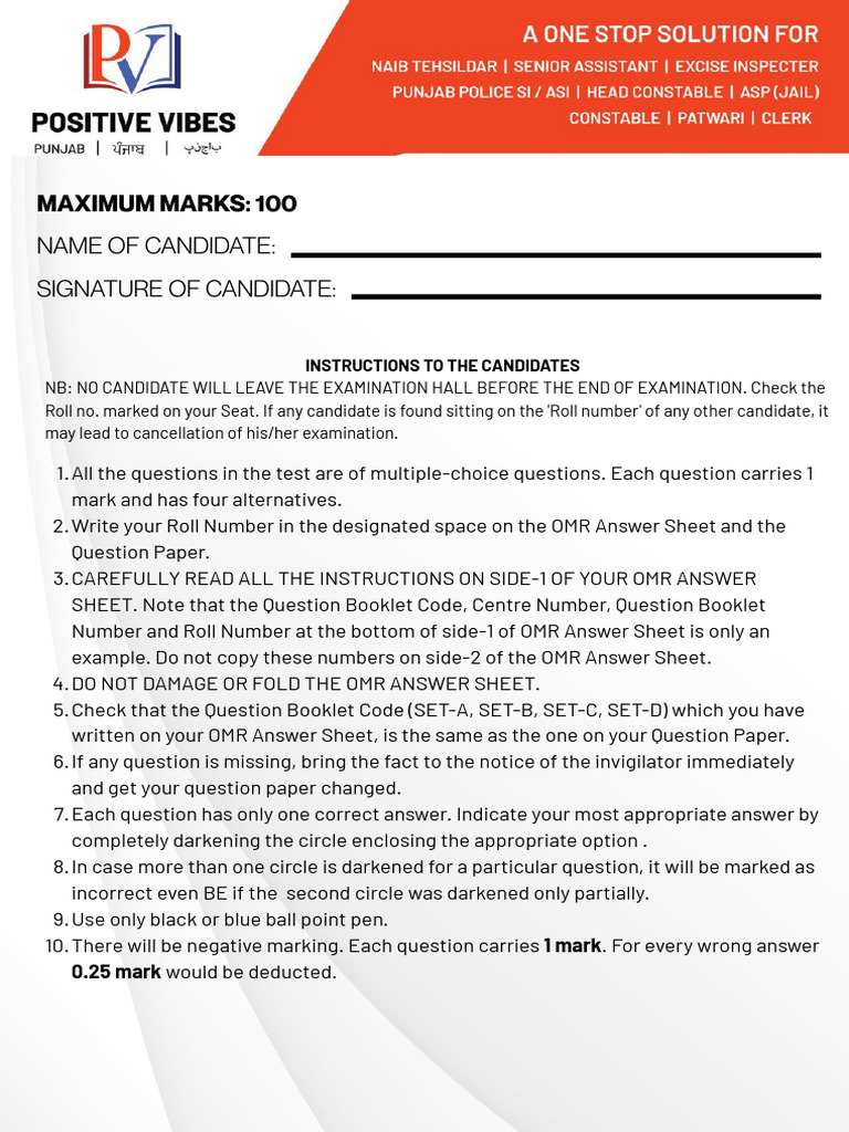 Maximum Marks: 100: Name of Candidate: Signature of Candidate | PDF