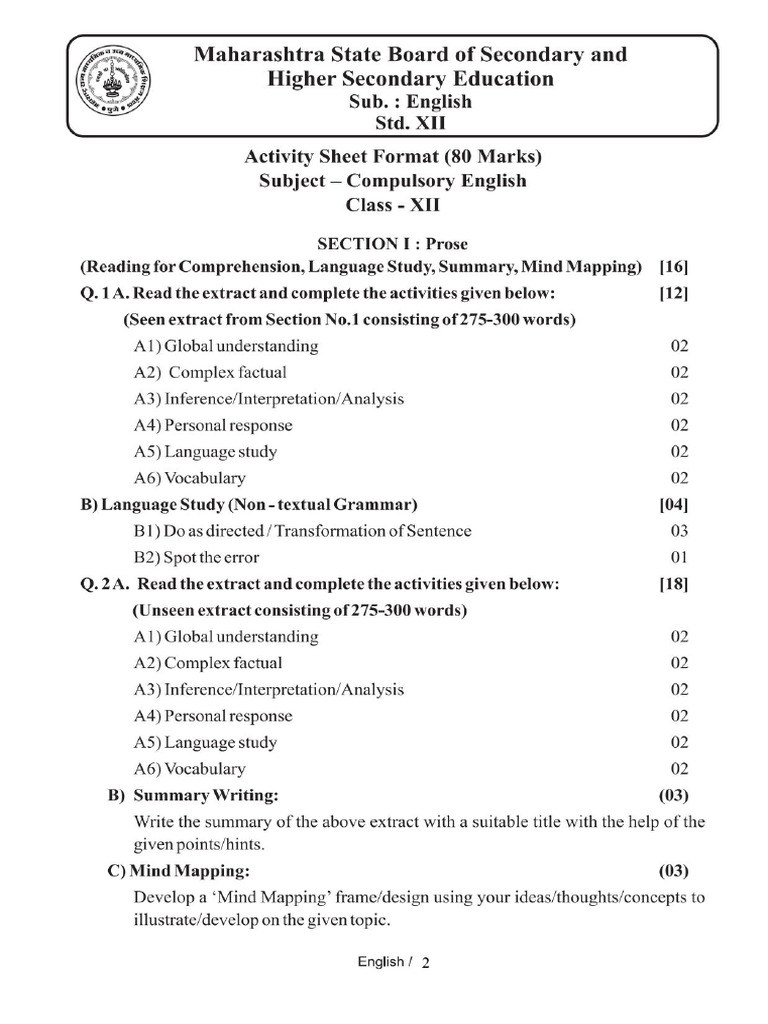 SYJC English Preliminary Exam Question Paper Pattern | PDF