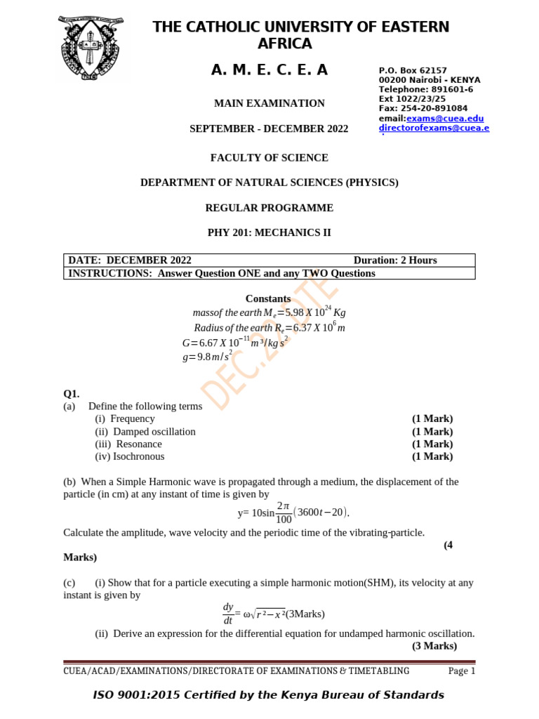 Mechanics II Exam Paper - CUEA 2022 | PDF | Gravity | Oscillation