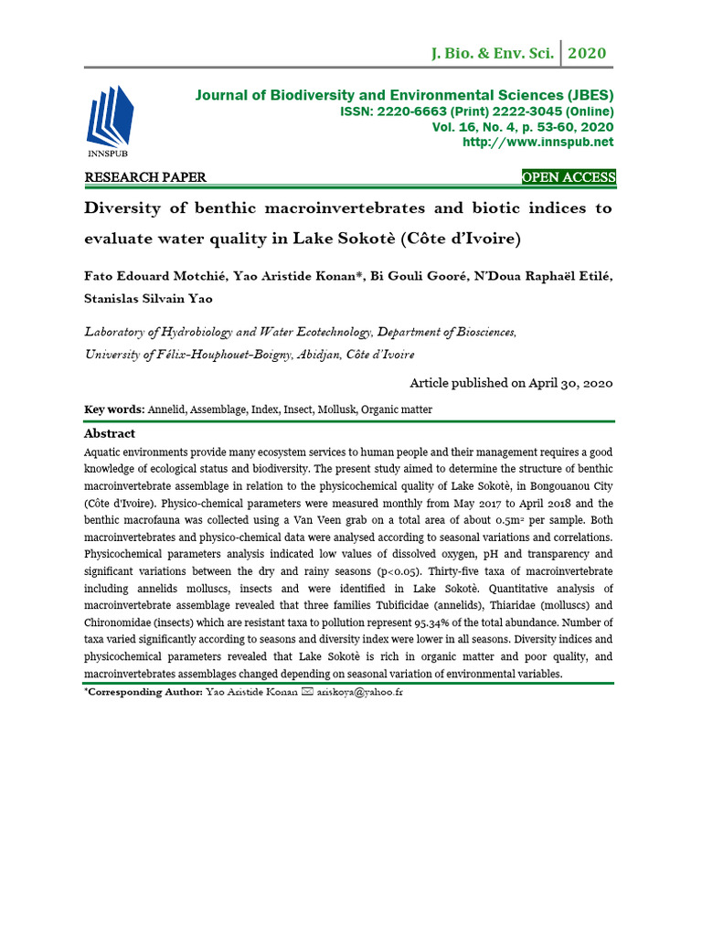 Benthic Macroinvertebrates in Lake Sokotè | PDF | Benthic Zone | Water
