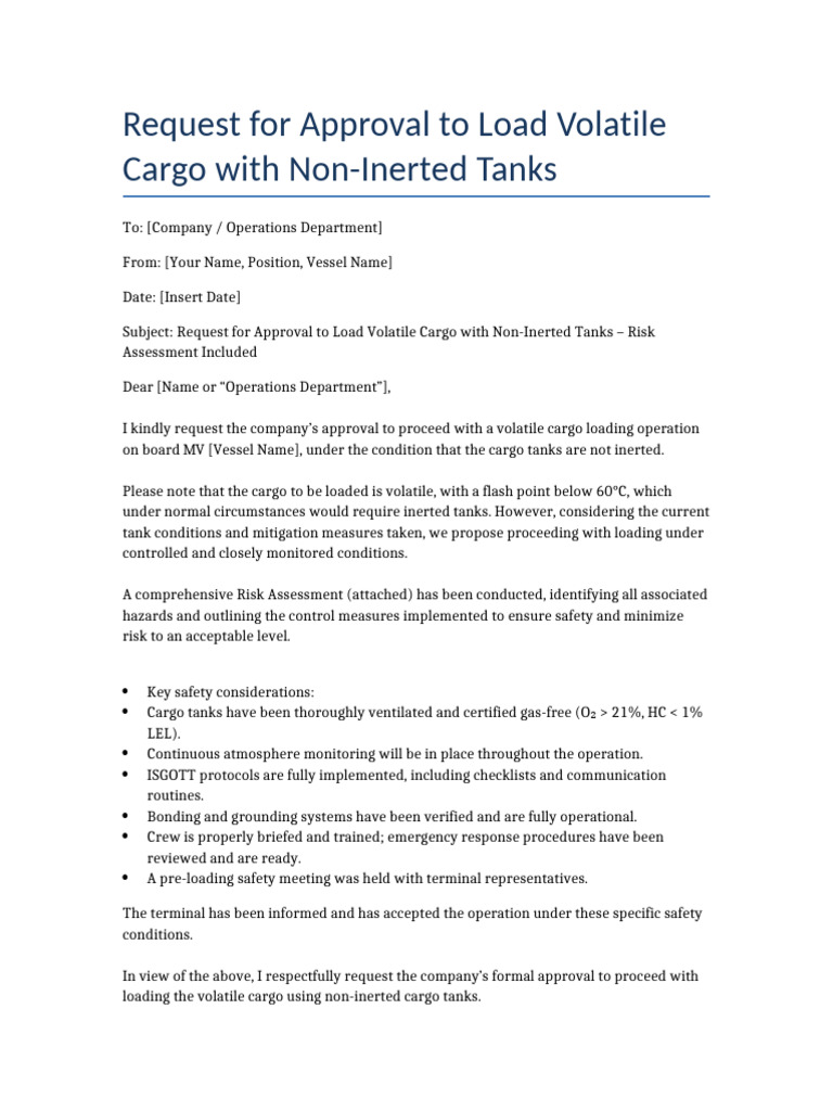 Approval Request for Volatile Cargo Loading | PDF