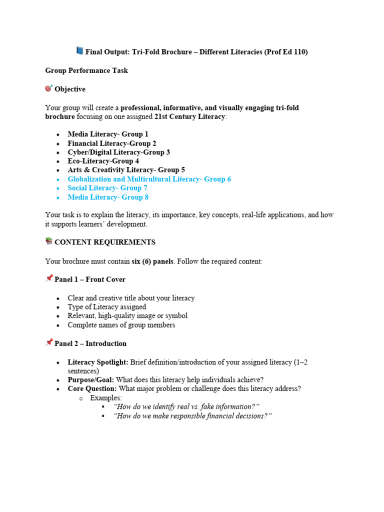 Tri-Fold Brochure on 21st Century Literacies | PDF | Literacy | Learning
