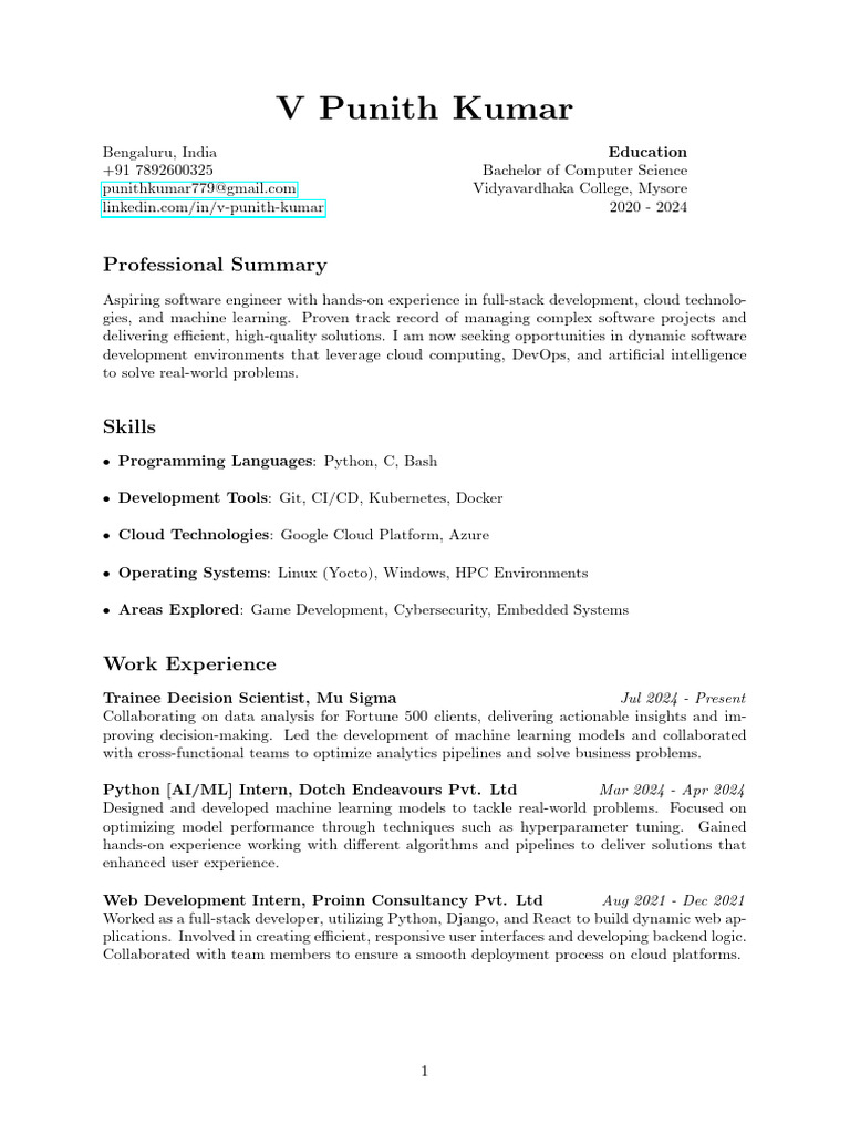 Resume v Punith Kumar 2024 | PDF | Machine Learning | Cloud Computing