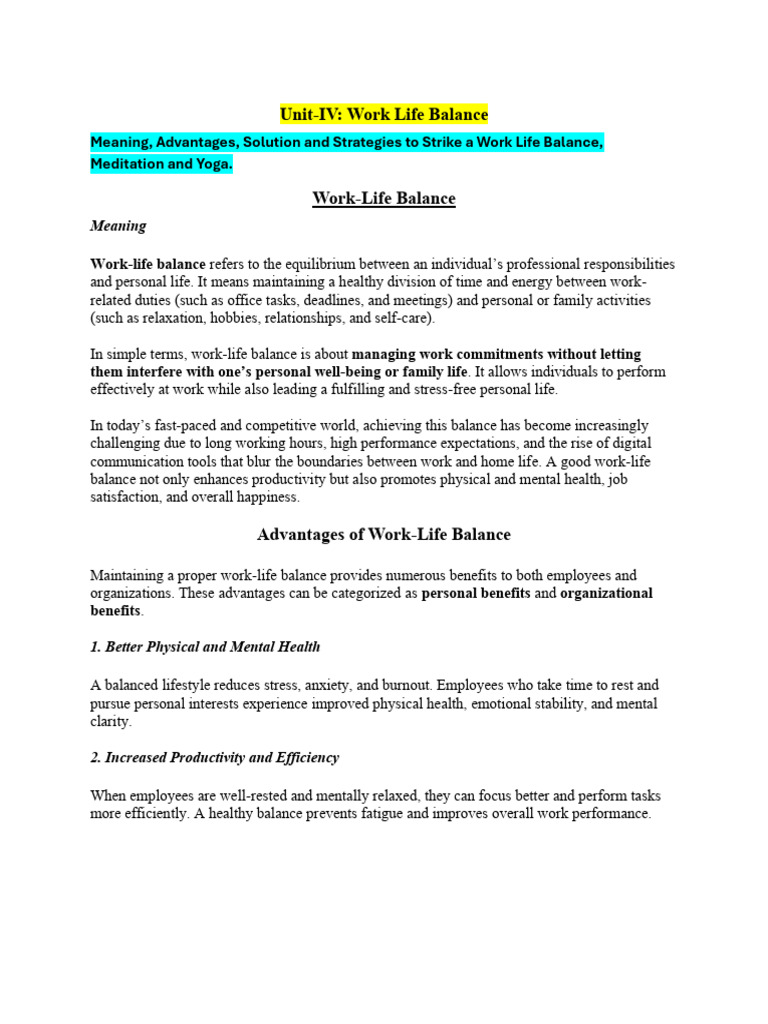 Work-Life Balance: Strategies & Benefits | PDF | Meditation | Yoga