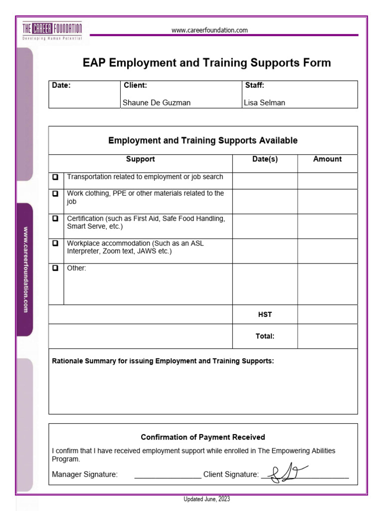 EAP Employment Support Agreement Form | PDF | Indemnity