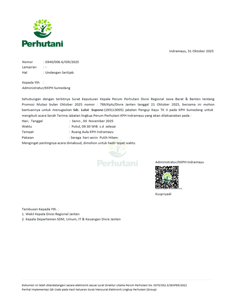 Undangan Sertijab KPH Indramayu 2025 | PDF