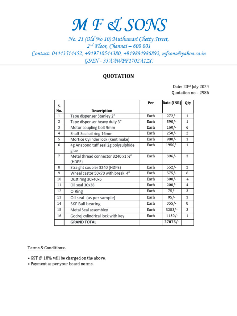 Quotation for Hardware Supplies - M F & Sons | PDF