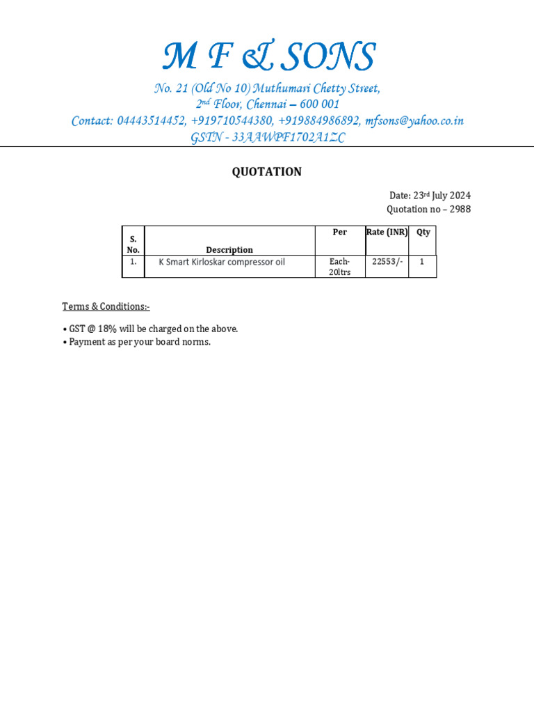 Quotation for Kirloskar Compressor Oil | PDF
