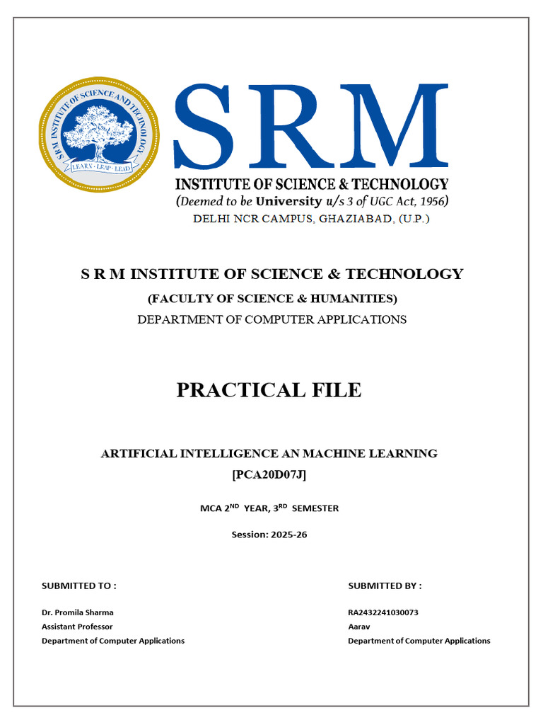AI & ML Practical File for MCA Students | PDF | Machine Learning ...