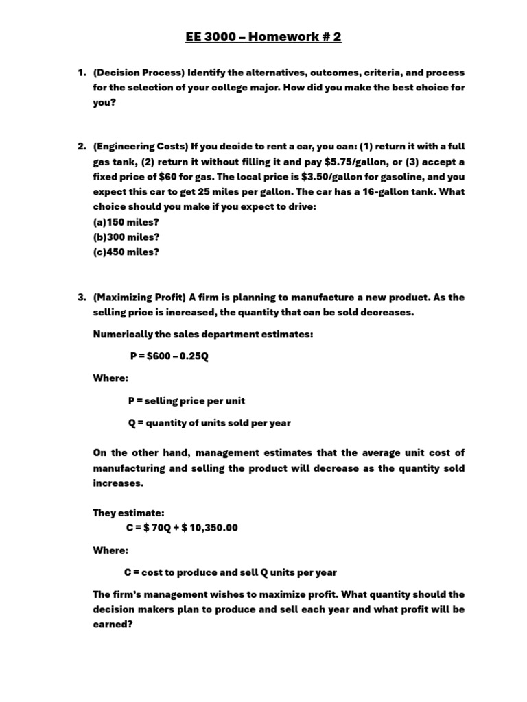 Homework 2 - EE 3000 | PDF | Profit (Economics) | Prices